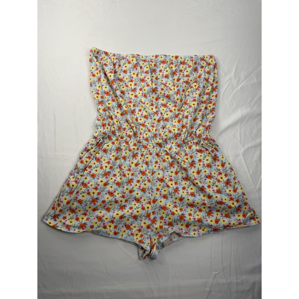 Forever 21 Womens Strapless Floral Romper Blue Yellow Orange Cotton Size Medium